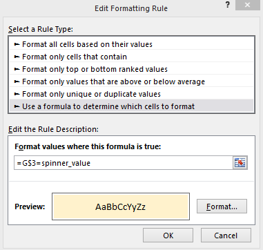  Bedingte Formatierung hinterlegen für die spinner auswahl 